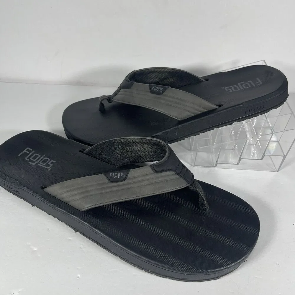 Flojos Men's Black Gray Thong Sandals Flip Flops Comfort Slides Size 12 Beach